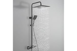 Auralum Columna Ducha Termostática Negra Juego Completo, Acero Inoxidable 30cm Ducha Lluvia, Barra Regulable 88-124cm, 6 Modos Chorro Ducha Mano