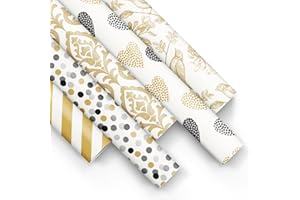 PAW DECOR COLLECTION PAW - Carta da regalo 200x70cm - 5 rotoli | Mix di 5 disegni | Carta per Incartare Regali Elegante per Compleanni, Matrimoni, Baby shower, Feste e Regali - Nero e oro a fantasia