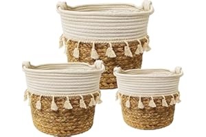 KMERCE 3Pcs Caches Pot Fleur en Osier, Panier à Plantes d'Intérieur bohème, Pots de Fleurs Jardin décoratif en jonc de mer Seagrass avec Doublure Plastique Étanche et Poignées, Panier de Rangement