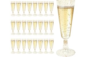Leiptes 25 Flute da Champagne in Plastica con Glitter Dorati 150ml Bicchierini per Champagne Calici da Vino Riutilizzabili Calice Trasparente Tazze di Plastica per Feste, Matrimoni, Natale, Capodanno
