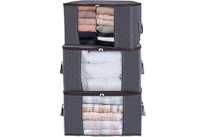 Lifewit Lot de 3 Boite Rangement Pliable, Sac de Rangement Vetement, Grand Caisse Rangement Cartons Déménagement Housse Rangement Couette pour Couvertures Jouets Vêtements, 90L, Gris