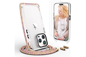 UYMO Handykette Hülle mit Band Für iPhone 15 Pro max 6.7"-| mit 2 Stück Schutzfolie |, Necklace Transparent Handyhülle Case mit Strap Schnur Abnehmbar, Schutzhülle zum Umhängen Kordel, Regenbogen
