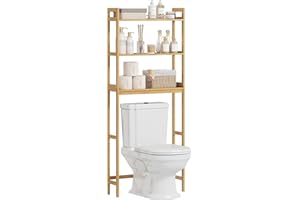 kleankin Estantería sobre Inodoro de Bambú Estantería de Baño con 3 Estantes y Alfombrillas Antideslizantes Antivuelco Estilo Moderno 68x20x165 cm Natural