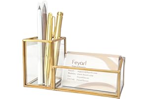 Feyarl Gold Glass Business Card Holder Pen Pencil Holder Clear Desktop Business Name Card Display Stand Organizer Case for Office Desktop Meeting Salons Countertop 2 Slots