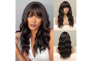 HAIRCUBE Lunghe parrucche ricci per le donne parrucche marrone scuro parrucca sintetica con Bangs resistente al calore