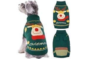 Kuoser Hundepullover Weihnachten, Warmer Strickpullover für Hunde Welpen, Weiche Winter Hundekleidung, Festlicher Rentier Motiv Weihnachtspullover für Kleine & Mittelgroße Hunde, Grün L