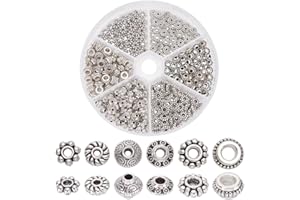 PH PandaHall 300PCS 6 Styles Perles Intercalaires Perle Cheveux Perle Plate Pour Bracelet Rondelles Metal Perles Espacees Perles de Bijoux pour Bracelet Collier Boucle d'oreille, Argent Antique