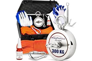 MAGFISHION Imanes Neodimio Potentes - Juego de Pesca Magnética – 300 KG (2 x 150 kg) - Imán de Neodimio Potente – Magnet Con Cuerda de Naranja Oscuro (20M) – Guantes - Ojal magnético – Ø 60 mm