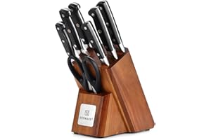 KEEMAKE Couteaux de Cuisine 7PCS, avec Bloc Couteaux en Bois, Set Couteau Cuisine en Acier Inoxydable, Ciseaux Cuisine, Couteau Office, Couteau a Pain, Couteau Japonais, Porte Couteaux