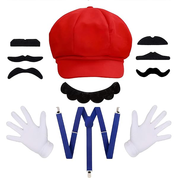 Costume Mario E Luigi Completo - Cappelli, Baffi, Guanti, Bretelle - Per Carnevale, Halloween, Cosplay