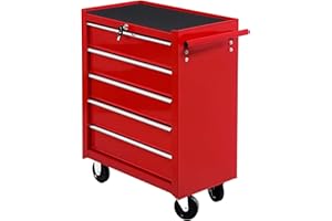 HOMCOM Carrello Porta Utensili con 5 Cassetti, Serratura, 2 Chiavi e Manubrio Parete Smontabile 2 Ruote con Freno in Lamiera d'Acciaio EVA Rosso 67,5x33x77cm