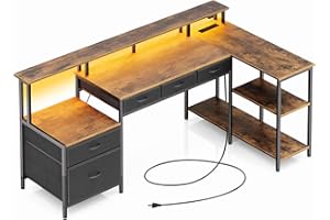 Seventable L Shaped Computer Desk with USB Ports, Power Outlets, LED Strip, Drawers & File Cabinet, Reversible Corner Gaming Desk with Monitor Shelf & Storage for Home Office, Rustic Brown