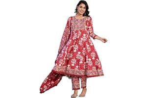 INDACORIFY Indisches Kurti aus bedruckter Baumwolle, schönes Kleid mit Blumendruck und Dupatta-Hose für Damen in Übergröße, Anarkali-Anzug