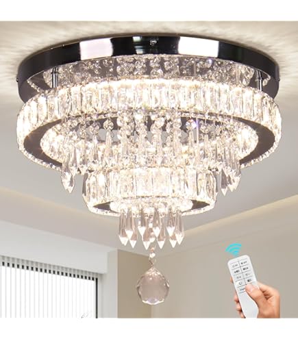 Lustres En Cristal Modernes Avec Télécommande, LED Dimmable 2 Anneaux