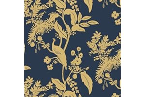 Fiula Papel Pintado Autoadhesivo con Diseño de Flores y Hojas 44cmx3m Color Azul Oscuro y Dorado Lámina Decorativa de Pared con Diseño de Pájaros Impermeable para Cocina Armario Pared