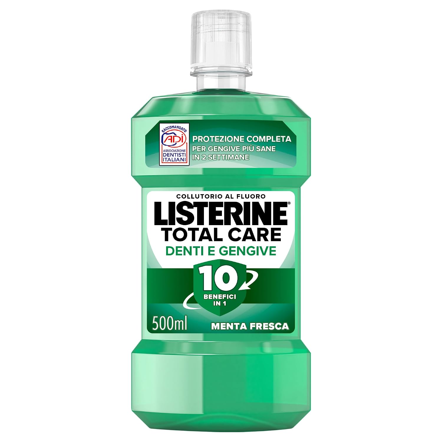 LISTERINE Total Care Denti e Gengive, Collutorio al gusto di Menta Fresca, Collutorio al Fluoro con 10 benefici in 1 per una protezione completa e gengive più sane in due settimane, 500 ml