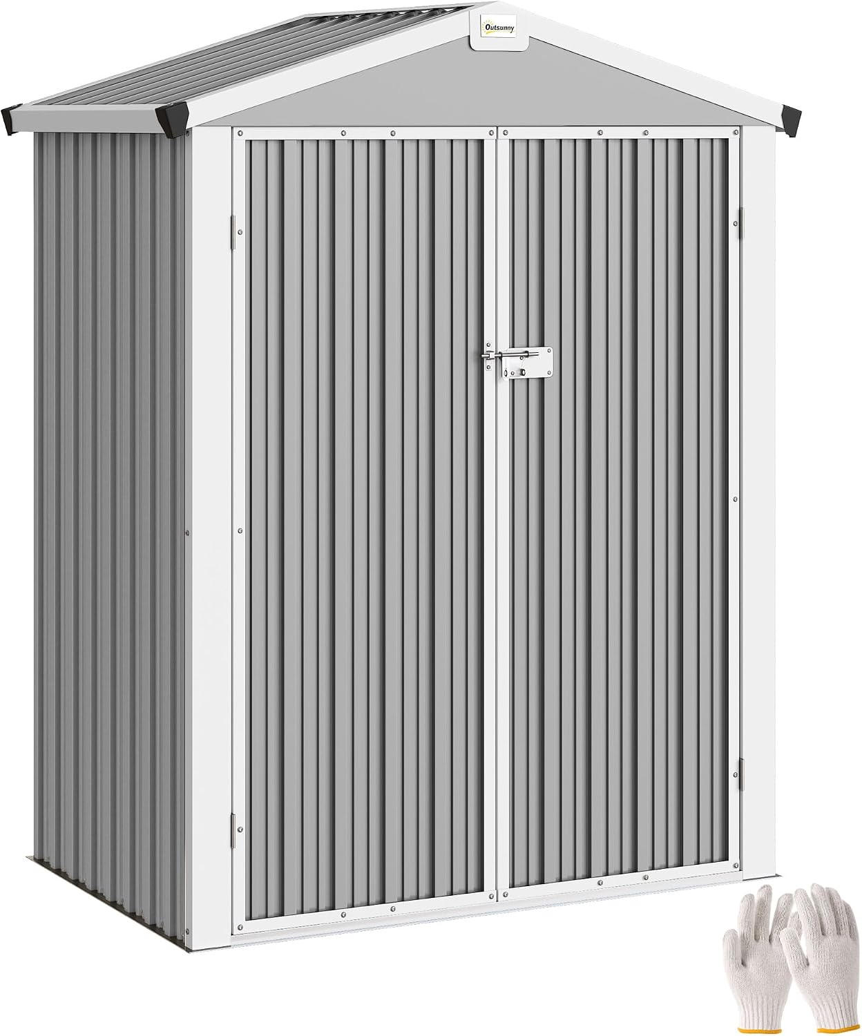 Outsunny Caseta de Jardín Exterior 1,1 m², 133x87x178 cm, Cobertizo Metálico con Puertas Abatibles Dobles, Techo a Dos Aguas y Guantes, Almacenaje de Herramientas y Bicicletas, Gris