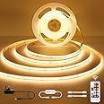 Cob LED Strip Light 5m with Timer, Dimmable Tape Lights with RF Remote 3000K Warm White, 24V Strip Lights Kit CRI90+, Self-Adhesive Rope Light for DIY Home Decoration Kitchen TV Wall Cabinet Bedroom