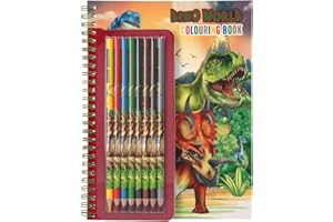 ‎DEPESCHE Depesche 11385 Dino World - Malbuch inklusive kleinem Stifte-Set aus 8 Buntstiften, einem Stickerbogen und vielen T-Rex, Dinosaurier und Dschungel-Motiven zum Ausmalen und Bekleben