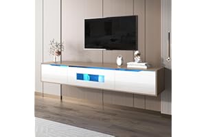 Jaxenor Floating TV Unit with 16 Colour LED Lighting, High Gloss Wall Mounted TV Cabinet for 80 Inch TVs, Modern Entertainment Storage for Living Room, White and Wood Color, 180×35×30cm