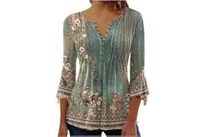 SUSENSTONE Chemisier Femme Chic et Élégant Manches 3/4 Tshirt Imprimé Plissé Henley Tshirt Col V Blouse Mousseline de Soie Boheme Haut Manche Courte Tunique Été Plage Travail Tunique Top