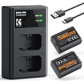 K&amp;F Concept NP-FW50 Charger Battery Kit 2x1100mAh Dual USB-C Compatible with ZV-E10, Alpha A6400 A6000 A6300 A6500 A5000 A510