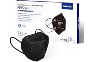 CRAZYCHIC - 10x Masque FFP2 NR Noir - Norme CE EN149 - Masque de Protection Respiratoire Certifié - Haute Filtration 5 Couches CE0598 - Stock France Livraison Rapide - Boîte 10 pièces