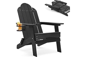 LUE BONA Adirondack Stuhl Klappbar, HDPS Gartensessel, Wetterfest Gartenstuhl mit Getränkehalter, für Garten, Terrasse, Balkon, Schwarz