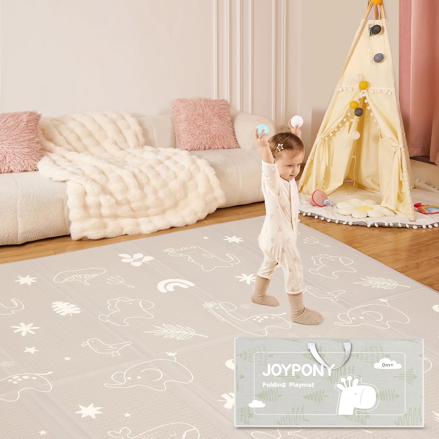 Joypony Play Mat, 50x50 Inches Foldable Baby Play Mats for Babies and Toddlers, Waterproof & Anti-Slip Portable Baby Floor Mat, Baby Mat for Floor with Travel Bag