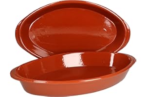 MamboCat Lot de 2 Plats ovales en Terre Cuite 1,5 l (L x l x H) 39 x 23 x 5,5 cm Vaisselle méditerranéenne Plaque de Four émaillée Plat à rôtir et à Cuire Lasagne Fait Main Marché médiéval