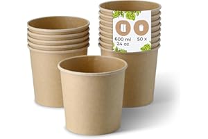 BIOZOYG Taza de Sopa 50 pieza 600 ml / 24 oz, Ø 115 mm, marrón - Taza grande, vasos carton - Vasos y platos desechables - Poke bowl, ramen bowl, vasitos aperitivos, cuenco sopa