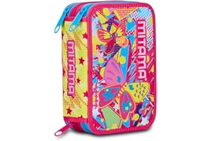 Mitama Astuccio Scuola 3 Scomparti, BUTTERFLY, Contenuto 47 pz, Completo di Matite, Pennarelli, Portapenne Scuola Elementare Bambina