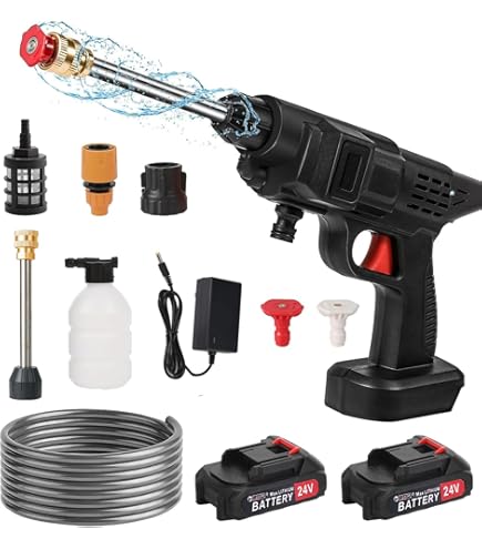Nettoyeur Haute Pression Sans Fil Max 90 Bar Avec Buse Multi-pulvérisation 6 En 1, Tuyau De 5M, Lance D'extension, Outil De Nettoyage De Voiture En Plein Air Pour Animaux De Compagnie Et Jardin