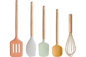KitchenCraft Idilica Silicone Tool Set, 5pc Cooking Utensil Set with FSC Beechwood Handles, Multi-Colour Kitchen Tools