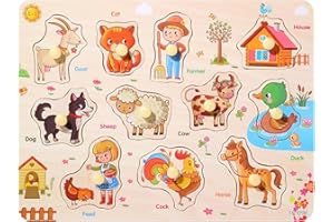 LEBKFT Animal Peg Puzzles, Wooden Toys for 1 Year Old Boys and Girls Montessori Learning Toys for Toddlers Birthday Gifts Preschool Educational Toys Toddlers Age 1-3 (Farm)