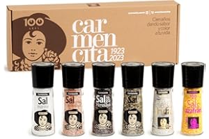 CARMENCITA Pack 6 Molinillos de Sales – Marina Mediterránea, Rosa Himalaya, Negra Himalaya, Marina con Hierbas, Sal & Trufa y Sal & Azafrán – Sin Gluten