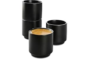 Cosumy Lot de 4 Tasses à Expresso en Céramique Noire - Design Empilable - Parois Épaisses - Lavable au Lave-vaisselle - 70 ml