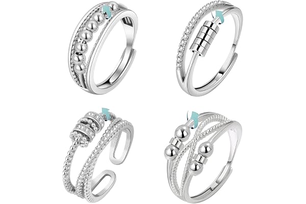 Hifot Silverringar, 4 st. roterande anti-stress-ringar, anti-ångest ringar för kvinnor, med kristall och radband, presenter till kvinnor, flickor, män, one size, Metall, Kristall