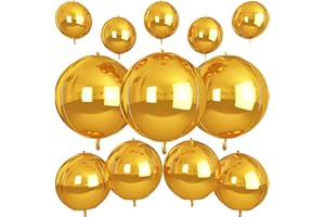 VIBZOX 12Pcs Gold Round Foil Balloons, 22" 15" 10" 4D Ball Balloons, Metallic Gold Foil Balloon for Birthday Graduation Wedding Anniversary New Year Eve Disco Party Backdrop Decorations