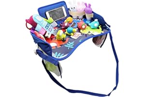 LETTON Kids Travel Tray, Toddler Car Seat Tray Organizer, Kids Lap Tray Play Tray with A Phone Holder, A Road Trip Essential, Mesh Pockets, Soft Padding, Waterproof (Blue)
