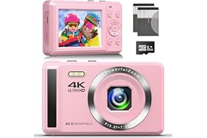 JHAMAL Digital Camera 4K FHD Vlogging Camera, 44MP Autofocus Compact Camera with 16X Digital Zoom, Rechargeable 2.4” Mini Kids Camera with 32GB Memory Card,2 Batteries for Beginners Students Teenagers