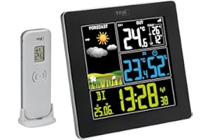 TFA Dostmann Wetterstation Funk mit Außensensor SUN2 digital, 35.1174, für Innen und Außentemperatur, großes Farbdisplay, mit Wohnklima, inkl Funkuhr mit Datum, Hygrometer, mit Netzadapter, schwarz