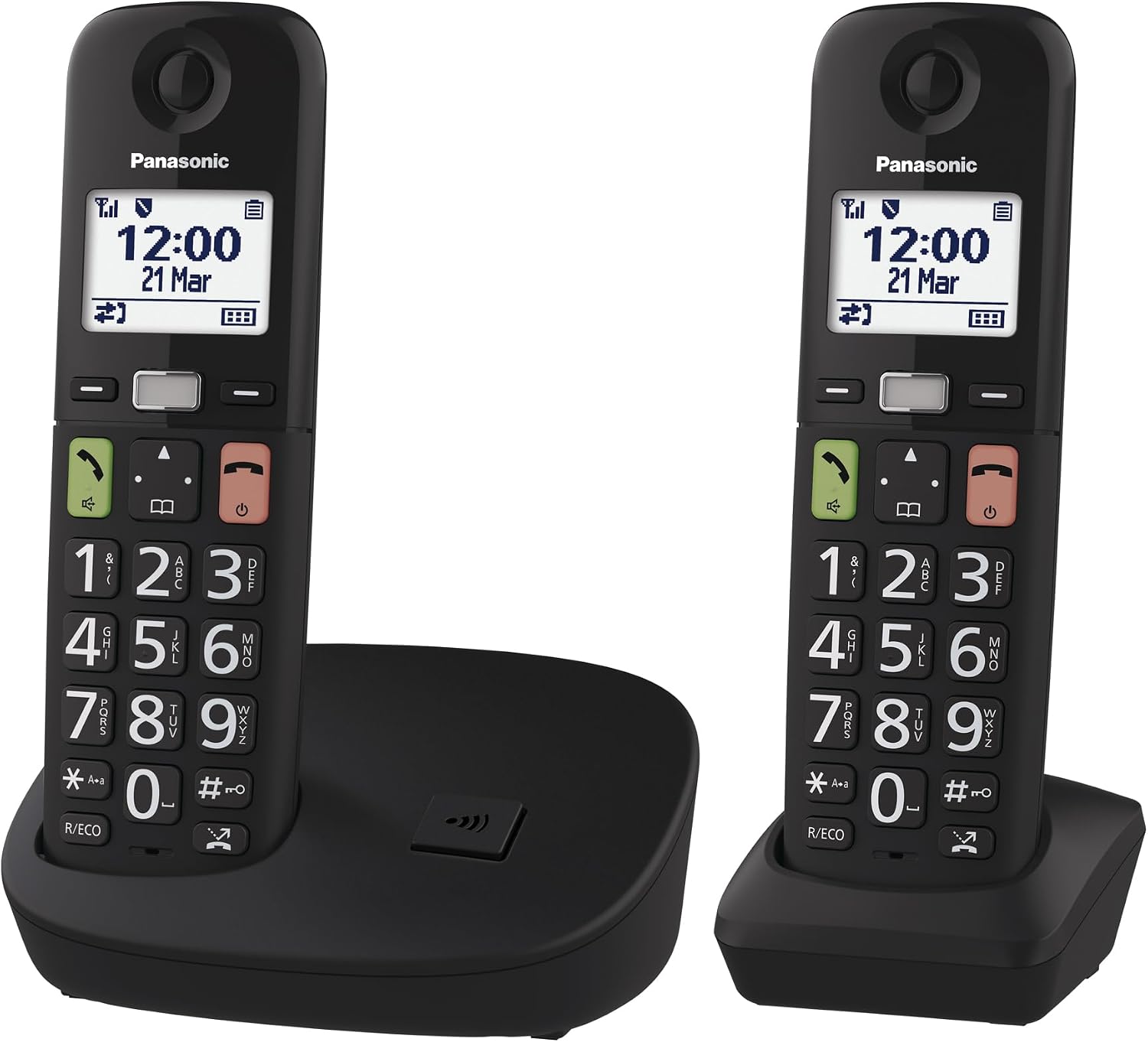 Panasonic KX-TGU112EXB Teléfono Inalámbrico Digital, Unidad Base y 2 Auriculares, Pantalla LCD, Botones Grandes, Llamada Favorita, Compatible con Audífonos, Negro