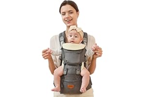 SUNVENO Baby Carrier, 6-in-1 Ergonomic Hipseat Carrier with Breathable Air Mesh, Front and Back Hip Seat Carriers for 7-48 lbs Babies, Padded Shoulder Strap for All Season, Grey