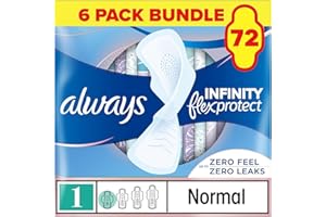 Always Infinity FlexProtect Sanitary Towels, Size 1 Normal, 6 Packs of 12 Count, Unscented, for up to Zero Feel & Zero Leaks, Super Absorbent & Flexible Protection