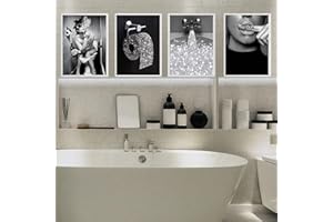 Lot de 4 posters modernes sur toile de salle de bain - Noir et blanc - Moderne - Drôle de salle de bain - Sans cadre (B, 4 x 30 x 40 cm)