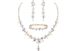 Ever Faith Austrian Crystal Bridal Bridesmaid Jewelry Sets, Elegant Marquise Rhinestone Leaf Necklace Dangle Earrings Tennis Bracelet Set for Women