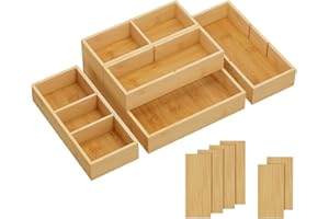 Lifewit 5 Częściowy Bambusowy Organizer do Szuflady (11 Kratek) z 6 Wkładkami, Regulowane Przegródki do Szuflad na Biurko, Makijażu, Przyborów Kuchennych w Biurze, Lazience, Sypialni
