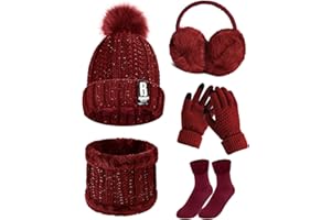 Tuopuda Knitted Hat and Scarf Set 5 PCS Winter Set,Plush Ear warmers Warm Knitted Scarf Beanie Hat and Touch Screen Gloves Set Women Thermal Socks for Skiing Hat Outdoor Sports