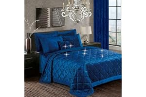 Prime Linens Crushed Velvet Quilted Bedspread Comforter Set 3 Piece Super Soft Bed Throw Diamond with 2 Pillow Cases (Royal Blue, King 3 Piece)
